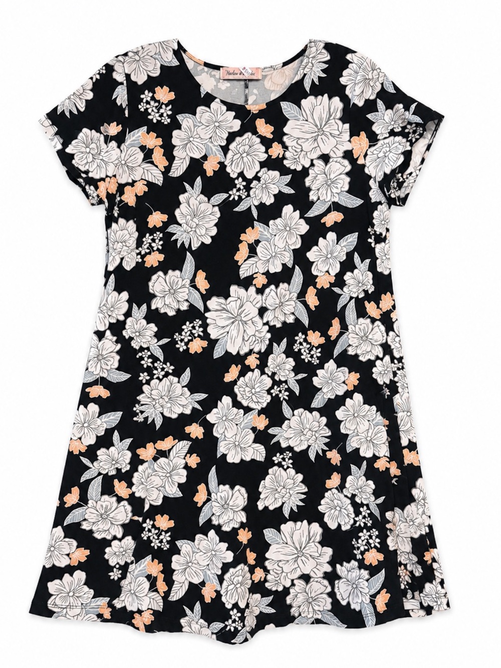 Harlow & Rose Women's Black Floral Short Sleeve Swing Dress Size Medium